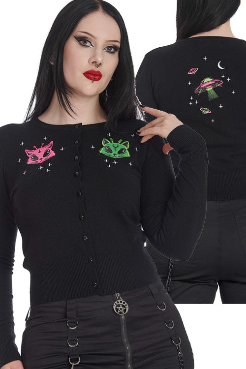 Banned Alternative Alien Space Cat Cardigan in Black with Back Design