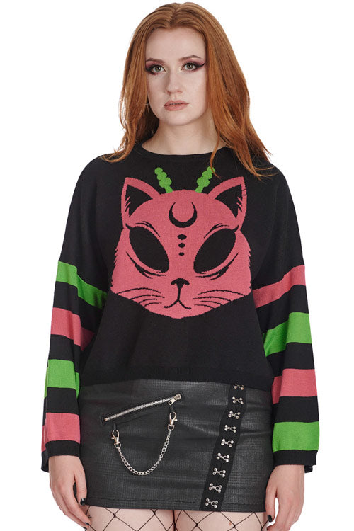 Banned Alternative Alien Space Cat Jumper in Black Knitted Stripe Sleeves