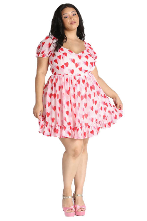 Hell Bunny Aphrodite Mini Dress Floaty Pink Chiffon with Heart Print