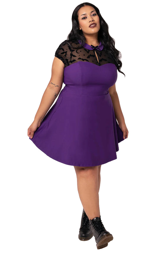 Hell Bunny Batsy Dress in Purple with Bat Mesh and Peter Pan Collar Halloween