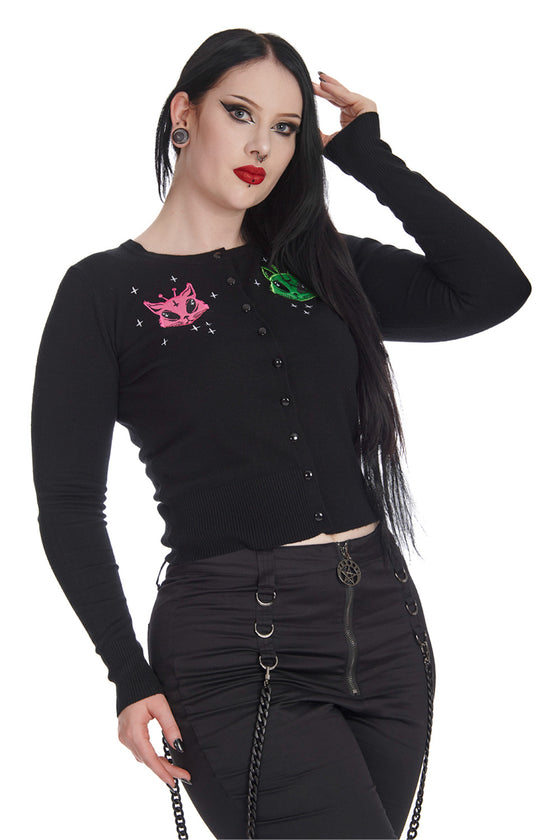 Banned Alternative Alien Space Cat Cardigan in Black with Back Design
