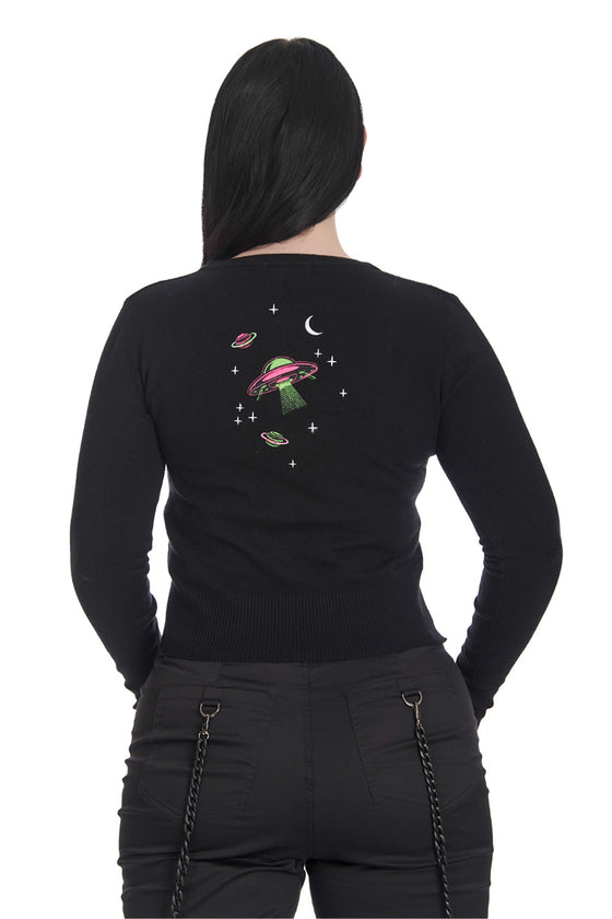 Banned Alternative Alien Space Cat Cardigan in Black with Back Design