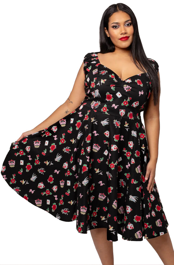 Hell Bunny Carlotta Midi Dress with Tattoo Inspired Print