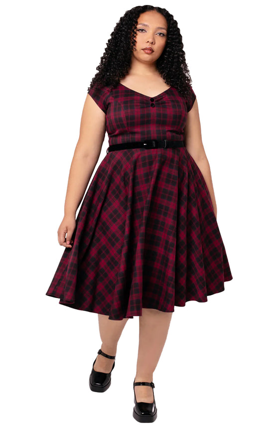 Hell Bunny Carmina 50's Dress Black and Burgundy Tartan