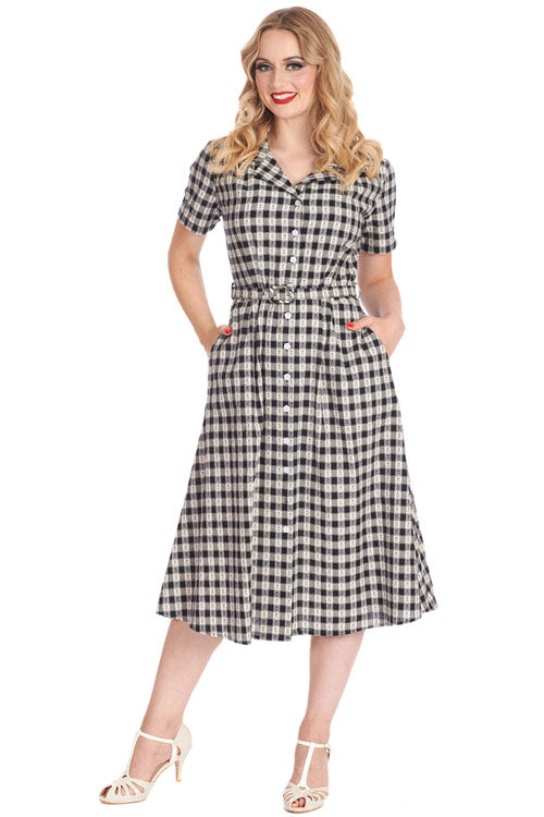 Banned Retro Cherry Check Shirt Swing Dress with Belt in Navy Gingham
