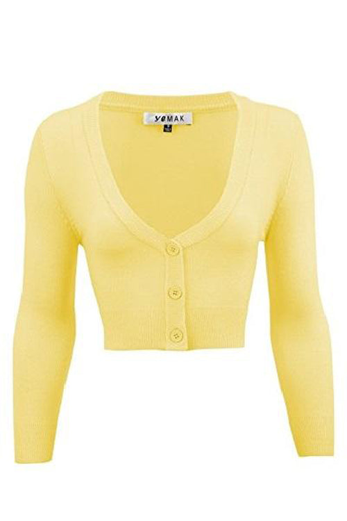 MAK Sweaters Cropped Cardigan with 3/4 Sleeves in Baby Yellow