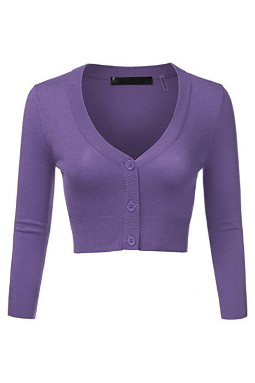 MAK Sweaters Cropped Cardigan with 3/4 Sleeves in Blueberry