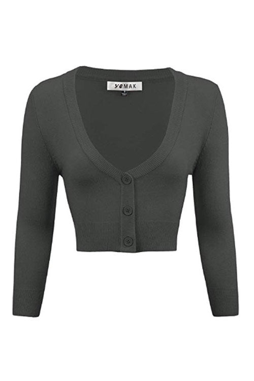 MAK Sweaters Cropped Cardigan with 3/4 Sleeves in Charcoal