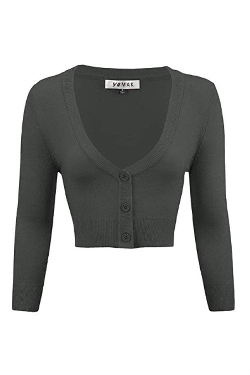 MAK Sweaters Cropped Cardigan with 3/4 Sleeves in Charcoal