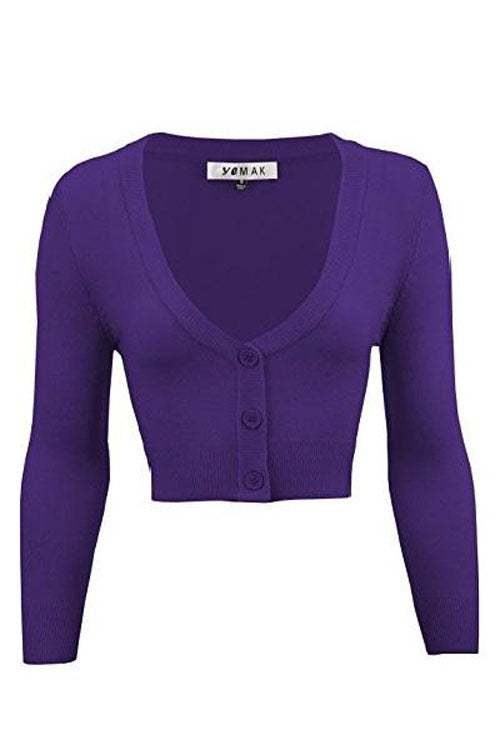 MAK Sweaters Cropped Cardigan with 3/4 Sleeves in Grape