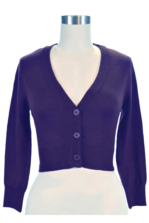 MAK Sweaters Cropped Cardigan with 3/4 Sleeves in Grape