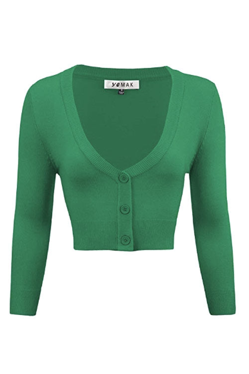 MAK Sweaters Cropped Cardigan with 3/4 Sleeves in Kelly Green