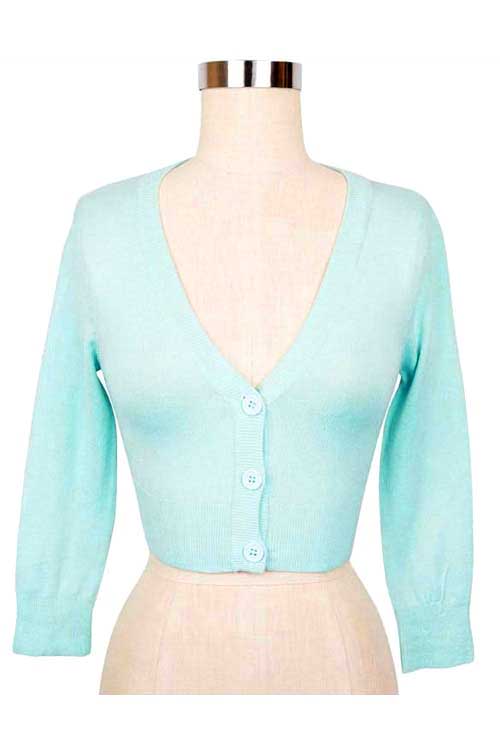 MAK Sweaters Cropped Cardigan with 3/4 Sleeves in Light Blue