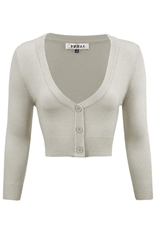 MAK Sweaters Cropped Cardigan with 3/4 Sleeves in Light Grey