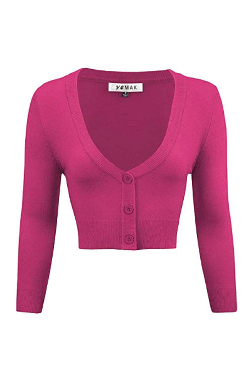 MAK Sweaters Cropped Cardigan with 3/4 Sleeves in Magenta