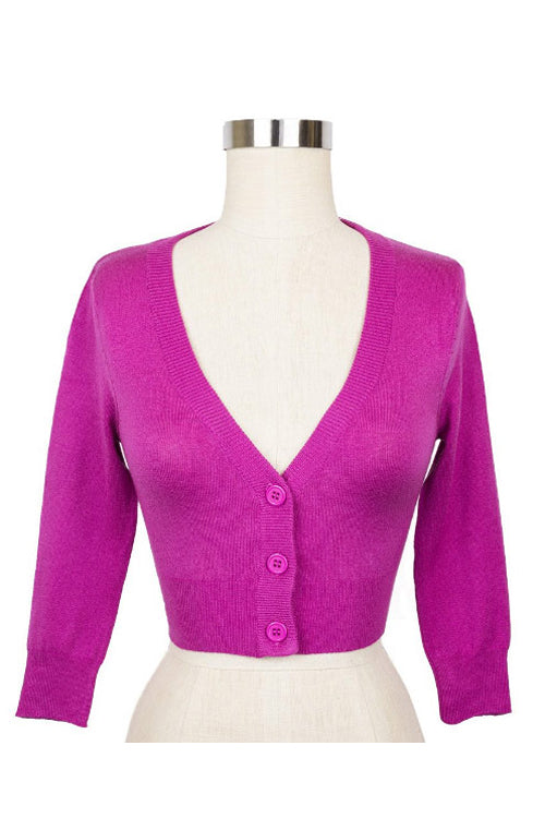 MAK Sweaters Cropped Cardigan with 3/4 Sleeves in Magenta