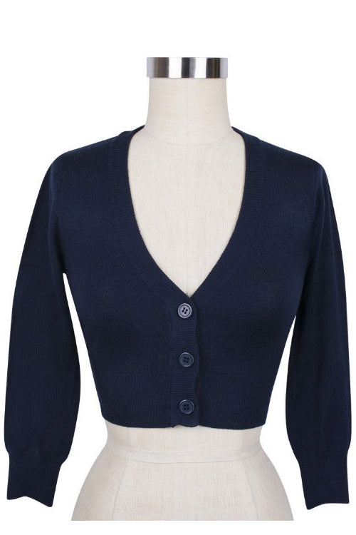MAK Sweaters Cropped Cardigan with 3/4 Sleeves in Navy
