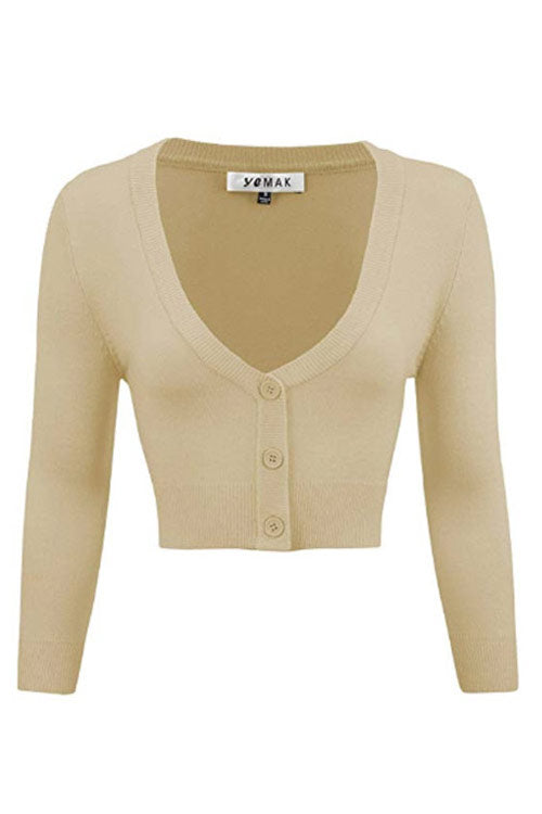 MAK Sweaters Cropped Cardigan with 3/4 Sleeves in Sand/Taupe