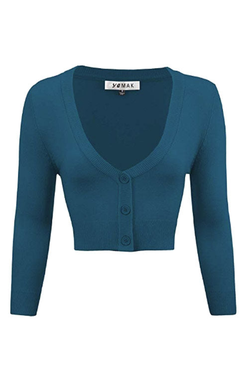MAK Sweaters Cropped Cardigan with 3/4 Sleeves in Teal Blue
