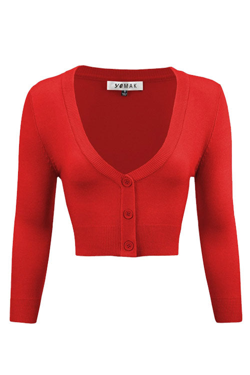 MAK Sweaters Cropped Cardigan with 3/4 Sleeves in Tomato Red
