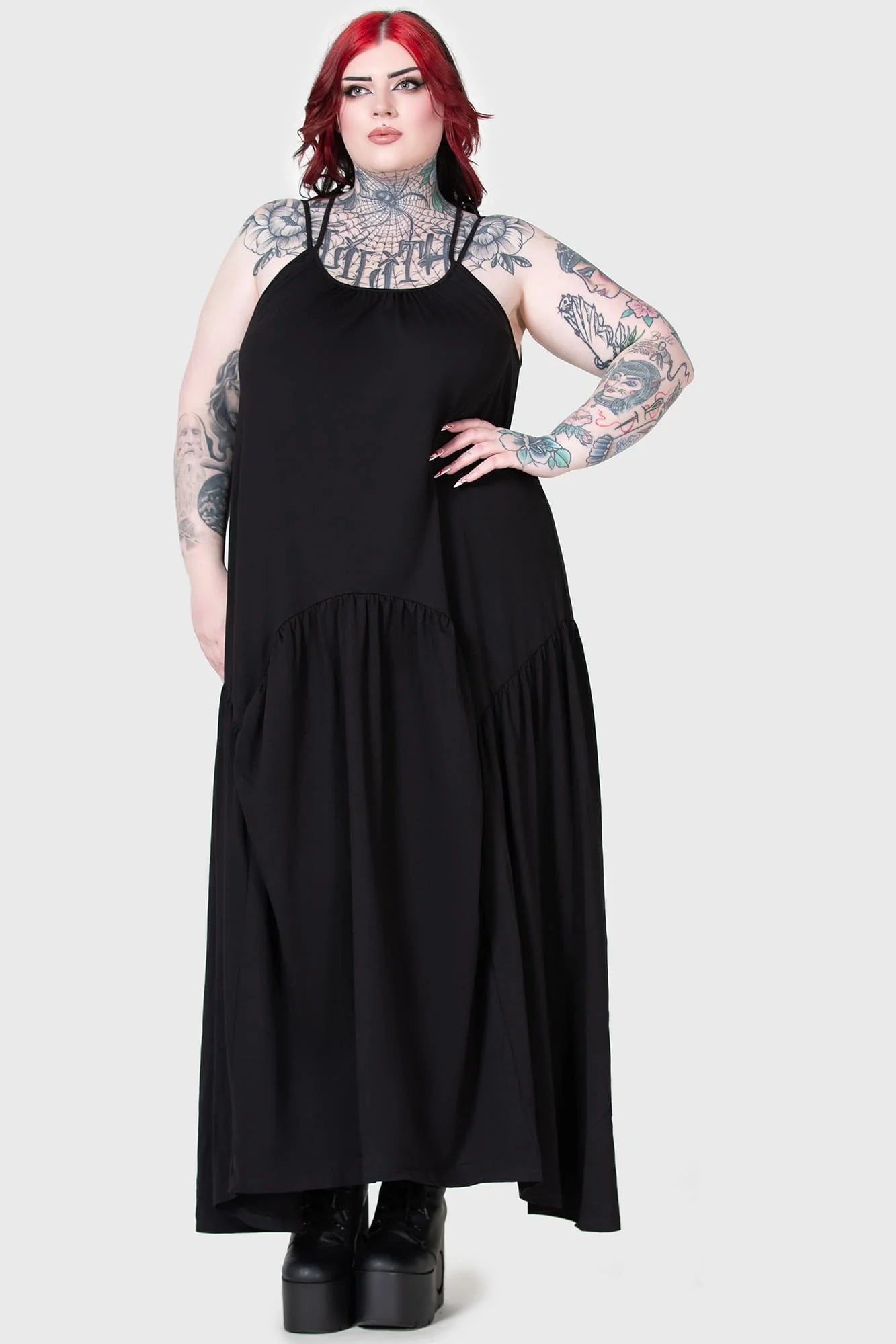 killstar pentagram maxi dress Killstar Demise Flowing Maxi Dress with Pentagram Strap Detailing Swam –  Kitty Deluxe