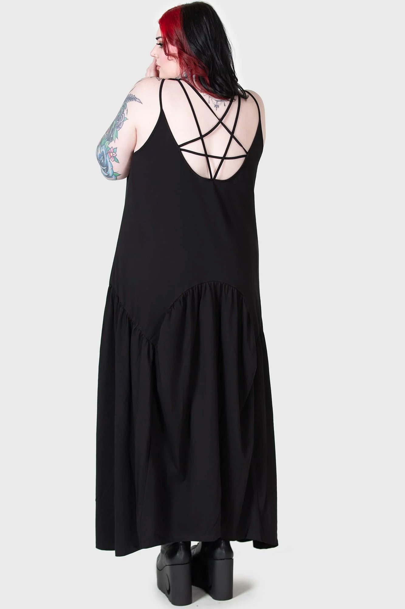 killstar pentagram maxi dress Killstar Demise Flowing Maxi Dress with Pentagram Strap Detailing Swam –  Kitty Deluxe