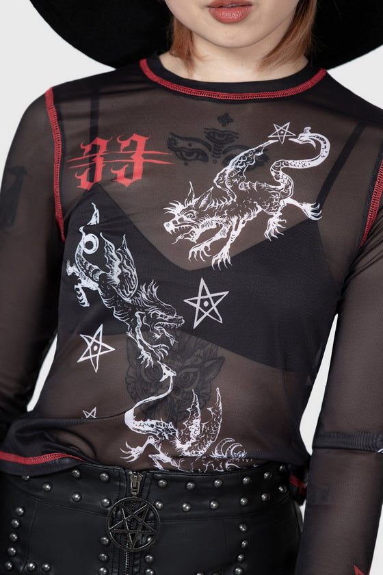 Killstar Devillment Mesh Long Sleeve Printed Top with Contrast Stitching