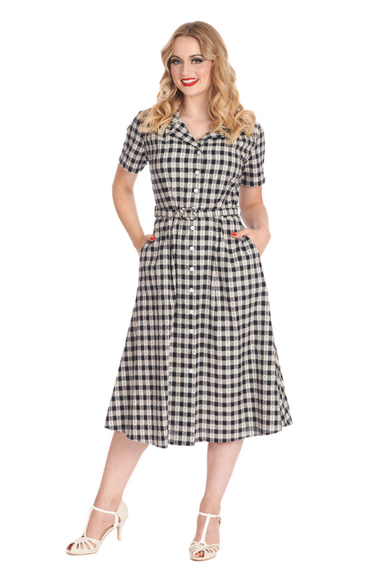 Banned Retro Cherry Check Shirt Swing Dress with Belt in Navy Gingham