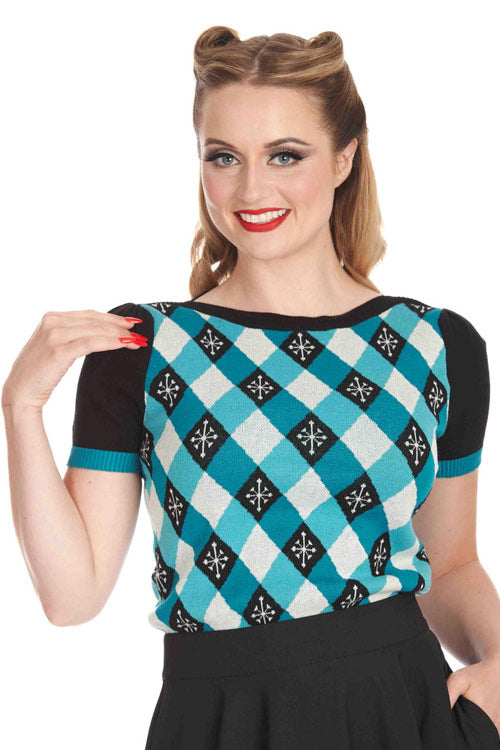 Banned Retro Darts and Checks Top Jumper in Teal Knitted Retro Print Argyle