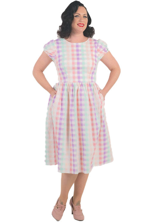 Collectif Demira-Lea Swing Dress in Unicorn Gingham Pastel