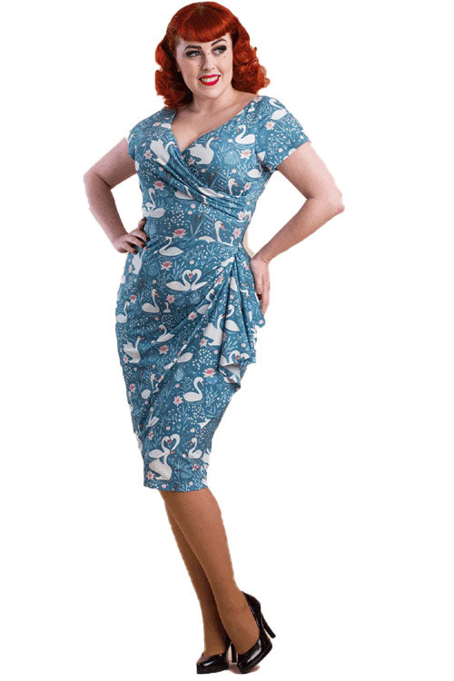 Lady Vintage Elsie Knee Wiggle Dress in Swan Lake Kitty Deluxe Lady Vintage Elsie Knee Wiggle Dress in Swan Lake Kitty Deluxe