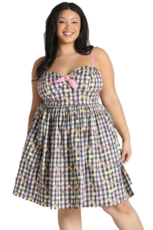 Hell Bunny Fruitylou Knee Dress Gingham with Fruit Print