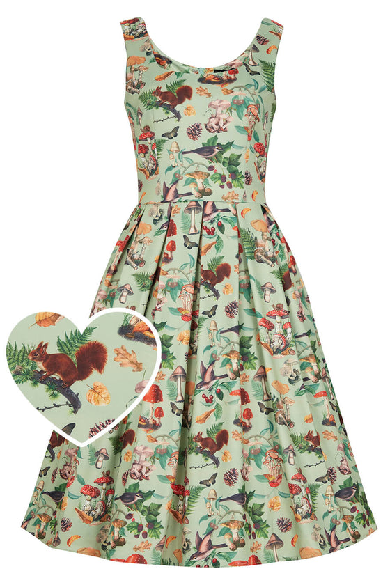 Dolly & Dotty Amanda Dress in Mushroom Forest Print Mint Squirrels Woodland