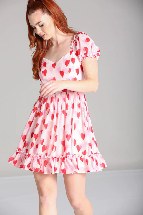 Hell Bunny Aphrodite Mini Dress Floaty Pink Chiffon with Heart Print