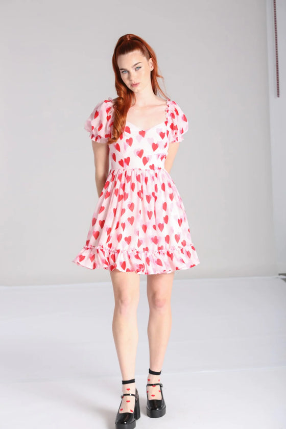 Hell Bunny Aphrodite Mini Dress Floaty Pink Chiffon with Heart Print