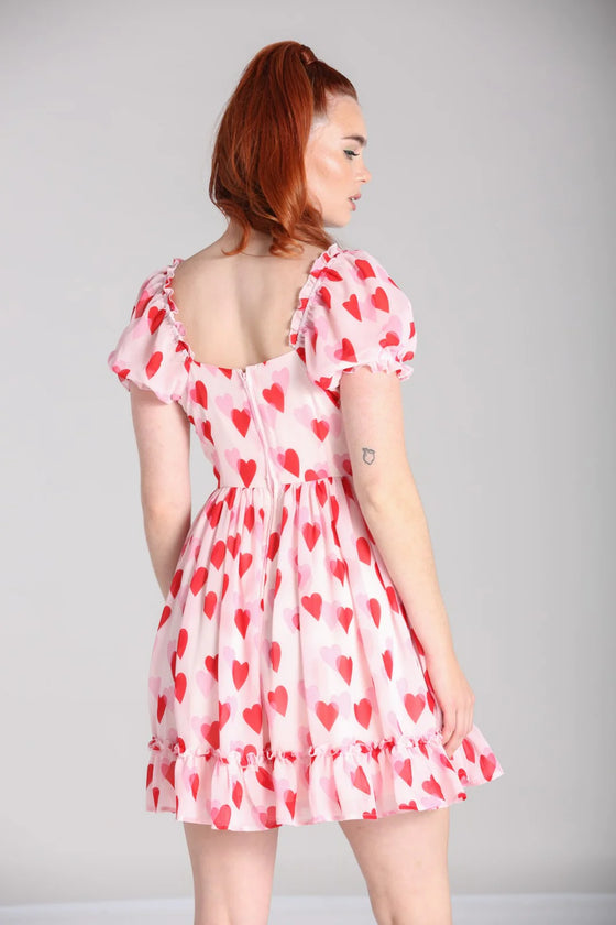 Hell Bunny Aphrodite Mini Dress Floaty Pink Chiffon with Heart Print