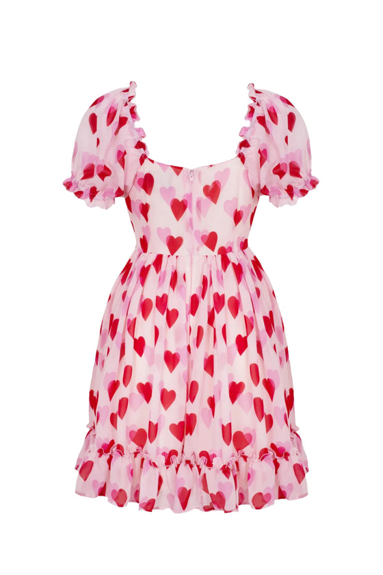 Hell Bunny Aphrodite Mini Dress Floaty Pink Chiffon with Heart Print