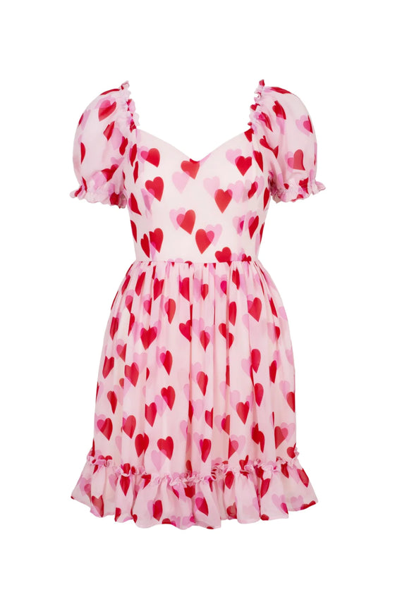 Hell Bunny Aphrodite Mini Dress Floaty Pink Chiffon with Heart Print