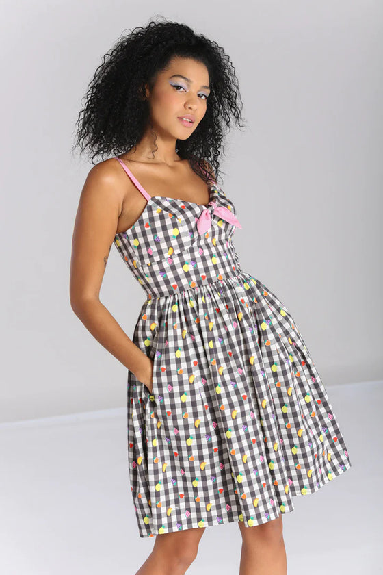 Hell Bunny Fruitylou Knee Dress Gingham with Fruit Print