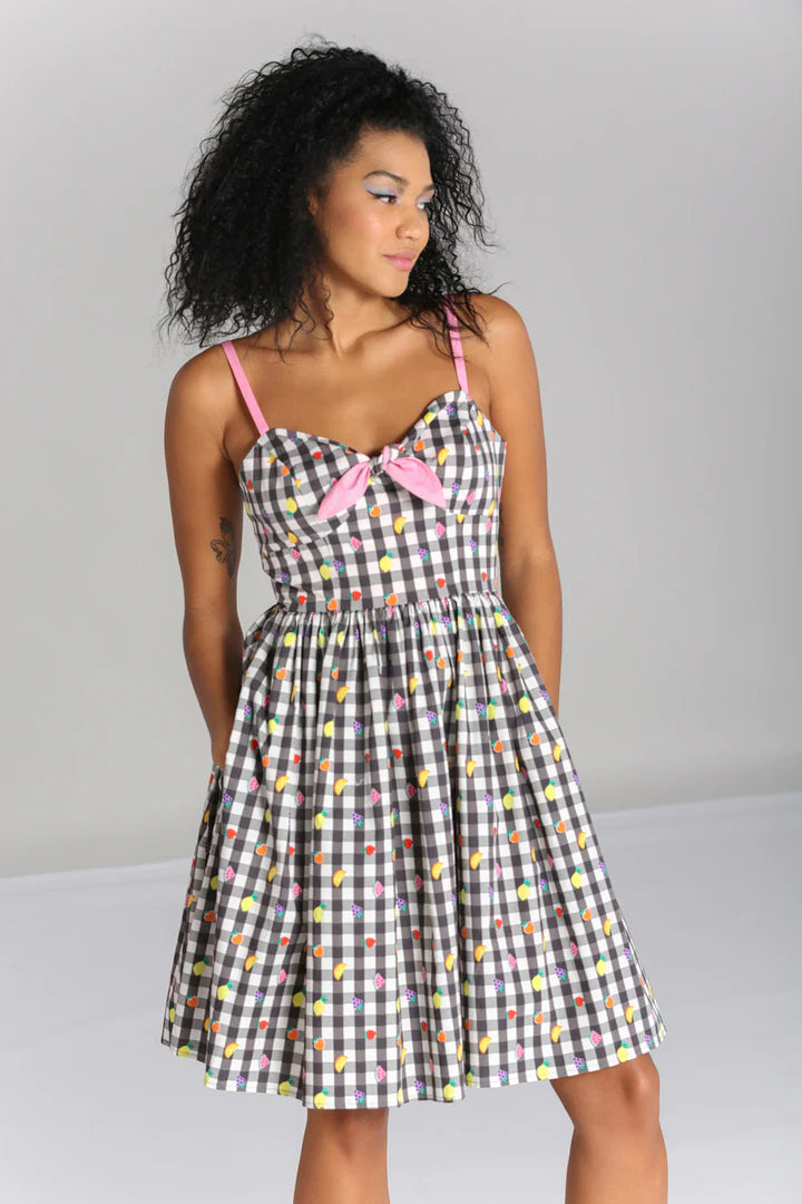Hell Bunny Fruitylou Knee Dress Gingham with Fruit Print Kitty Deluxe