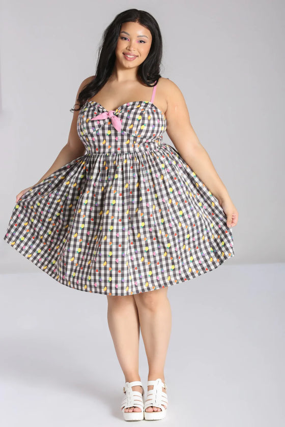 Hell Bunny Fruitylou Knee Dress Gingham with Fruit Print