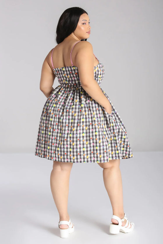 Hell Bunny Fruitylou Knee Dress Gingham with Fruit Print