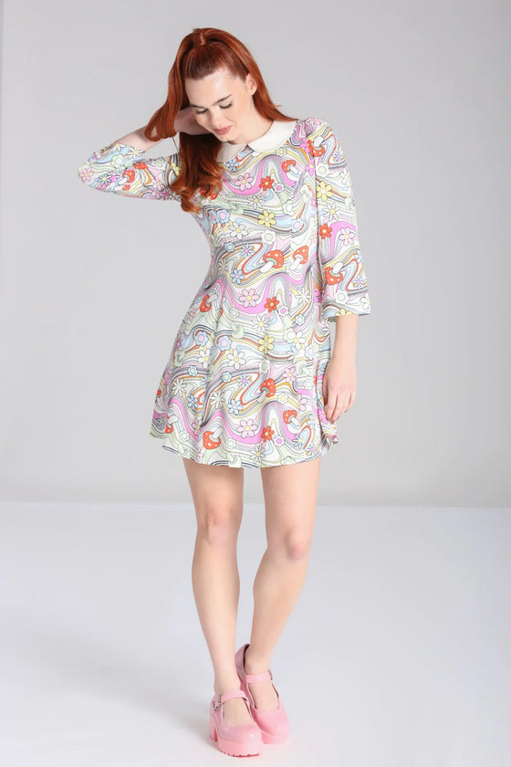 Hell Bunny Happy Daze Mini Dress with Peter Pan Collar and Psychedelic Print