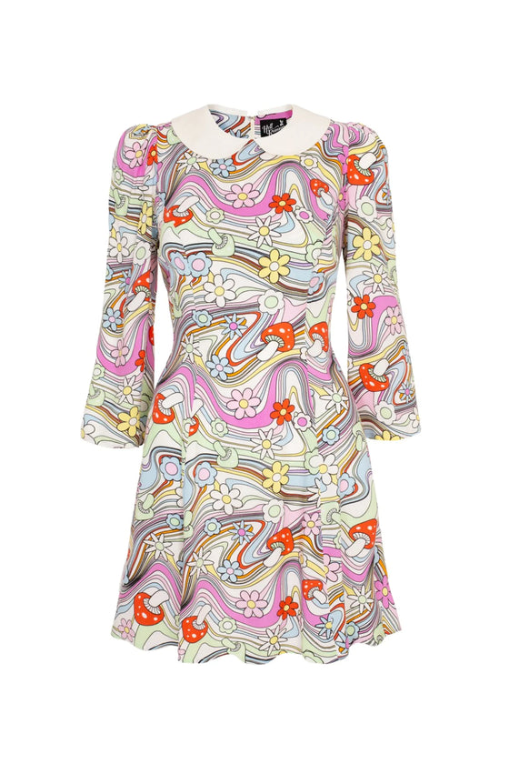 Hell Bunny Happy Daze Mini Dress with Peter Pan Collar and Psychedelic Print