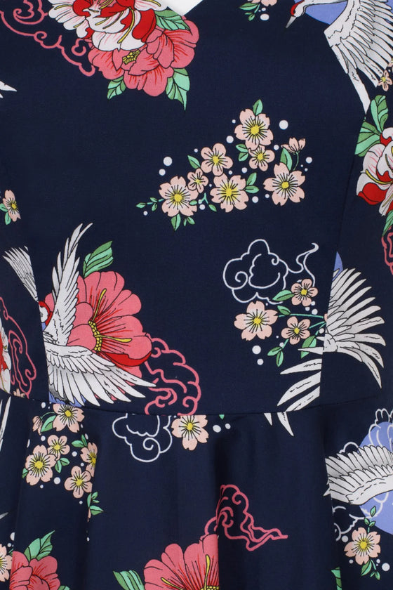 Hell Bunny Misa Midi Swing Dress with Crane Floral Print