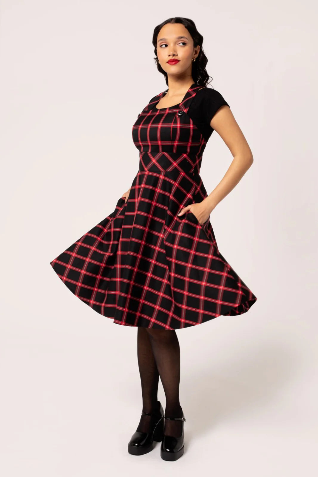 Hell Bunny Janine Pinafore Dress in Black and Red Tartan Kitty Deluxe