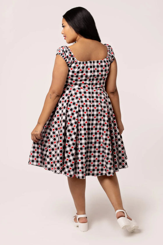 Hell Bunny Leonie Midi Dress Black and White Gingham with Red Hearts