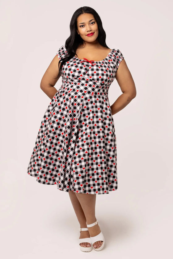 Hell Bunny Leonie Midi Dress Black and White Gingham with Red Hearts