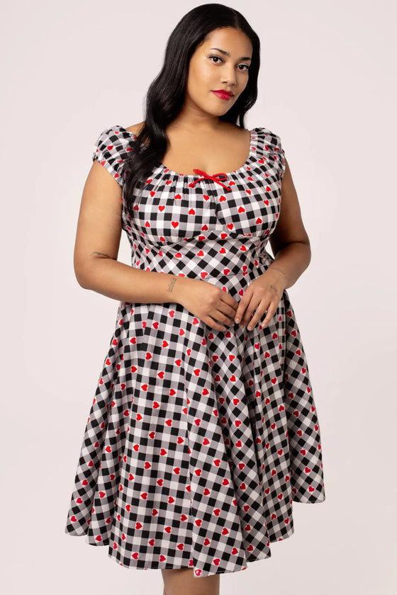 Hell Bunny Leonie Midi Dress Black and White Gingham with Red Hearts