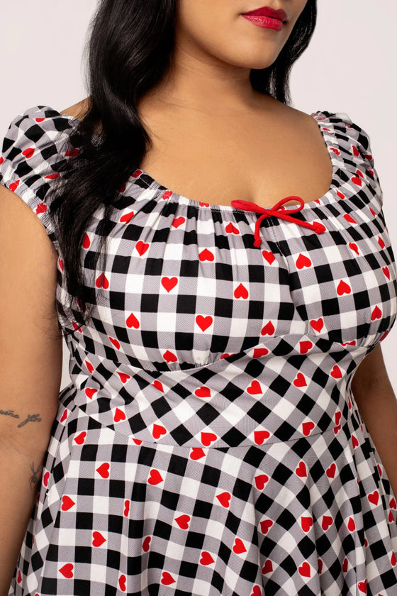 Hell Bunny Leonie Midi Dress Black and White Gingham with Red Hearts